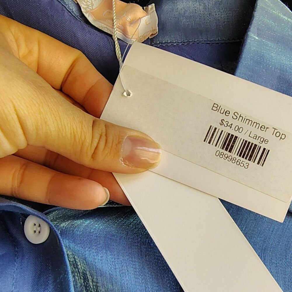 C+D+M Iridescent Shimmer French Blue Satin Button Down Blouse Shirt NWT SIZE L - Picture 8 of 8